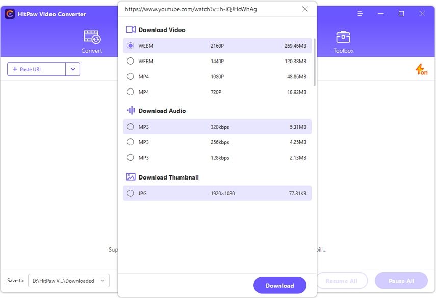 Select the resolution you want under Download Video