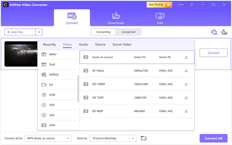 click settings to convert mp4 file to mpeg in hitpaw video converter