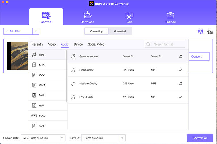 select mp3 format in hitpaw video converter
