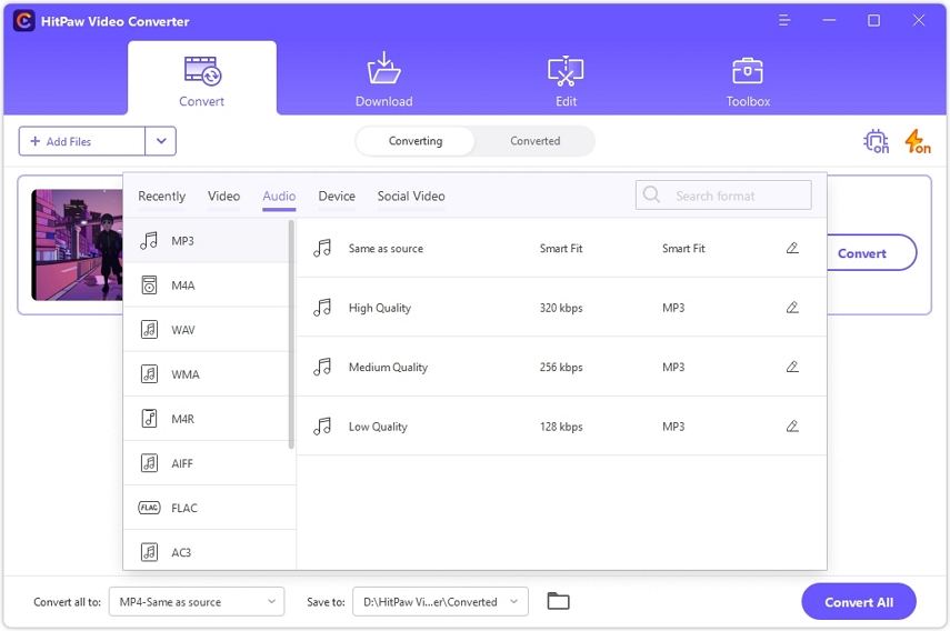 select audio format