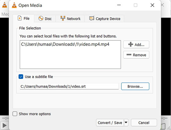 vlc permanent subtitles add both files